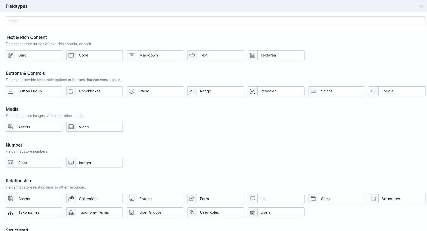 Aauswahl von statamic Fieldtypes